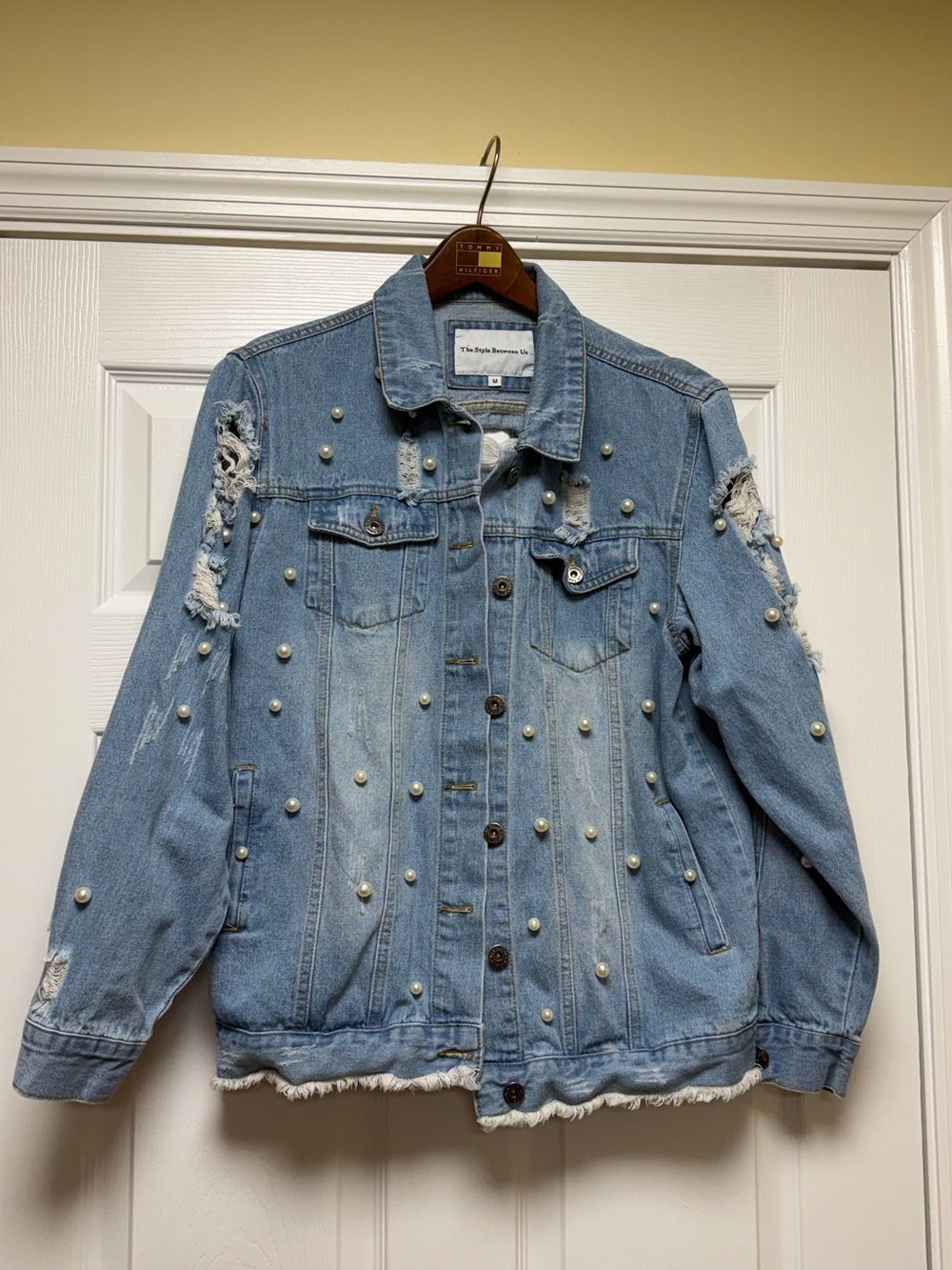 Light Blue Pearl-Embellished Distressed Denim Jacket -
